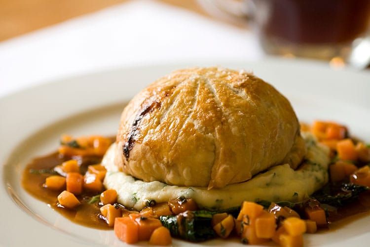 Hare pie with sweet potato, carrots and cabbage