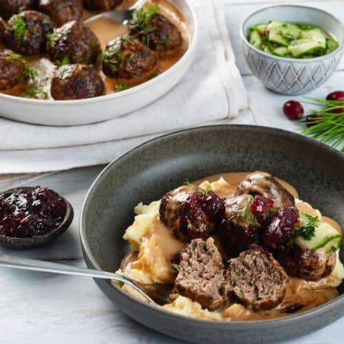 Swedish venison meatballs with pickled cucumber