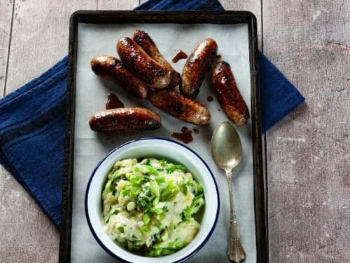 Venison sausages and colcannon mash