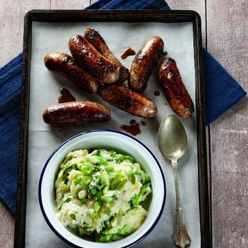 Venison sausages and colcannon mash