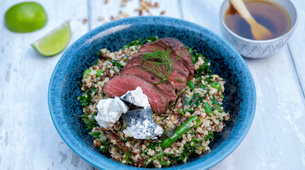 Roasted venison, quinoa and summer green bowl
